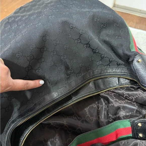 Gucci Black canvas hobo shoulder bag with Red and Green webbing - Picture 6 of 8